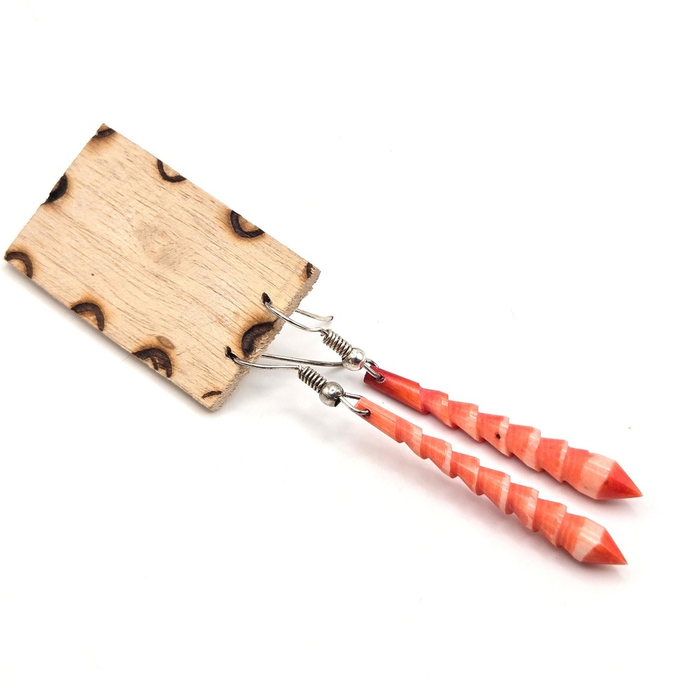 Handmade Red Orange Carved Shell Spiral Cone Drop Earrings Silver Tone Hooks - Picture 4 of 7